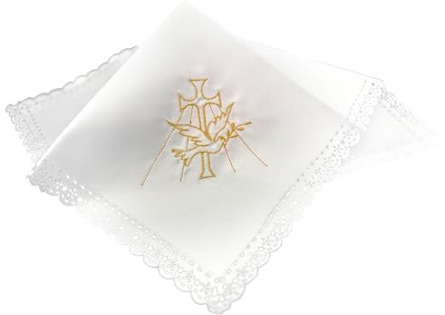Lunexus Christening Cloth Candle 35 x 35 cm - White Decorative with Golden Embroidery Cross and Dove Lace Edge for Christening, Candle, Baptism Stone