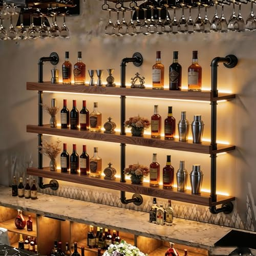 AUSKLEZU Botellero de Pared 3 Niveles 125cm con Luz LED Madera Nuez | Metal y madera; Fácil de montar; Gran capacidad; Ideal bar cocina; Estilo industrial; Estante resistente