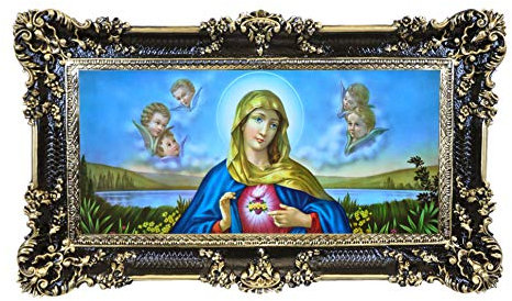 Idea Casa Quadro Stampa su Carta Telata del Sacro Cuore di Maria Cornice Barocca cm 96x56 (Nero e Oro)