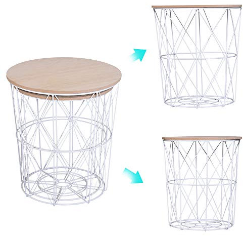 HOMCOM 2er-Set Couchtisch Beistelltisch 2-teilig Nachttisch Wohnzimmer Schlafzimmer Korbtisch mit abnehmbaren Deckel mit durchbrochenes modernes Design MDF Metall Natur+Weiß ∅40 x H45 cm