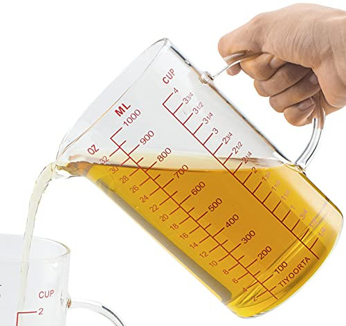 Tiyoota Tasse à mesurer en verre avec poignée, accessoire cuisine pratique, trois échelles (OZ, Tasse, ML), bec verseur en V, gobelet doseur pour cuisine ou restaurant, facile à lire, 1000 ml Rouge