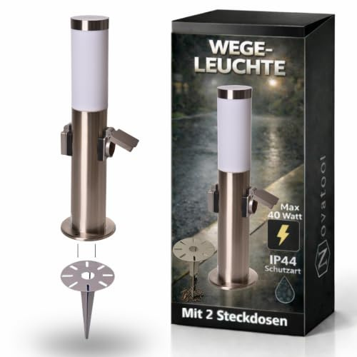 Novatool Gartenlampe I 45 cm I mit 2 Steckdosen I mit Erdspieß I Edelstahl I IP44 I E27 Sockel I Gartenleuchte Stehlampe Säulenlampe außen Aussenleuchten Steckdosenverteiler Steckdosenturm