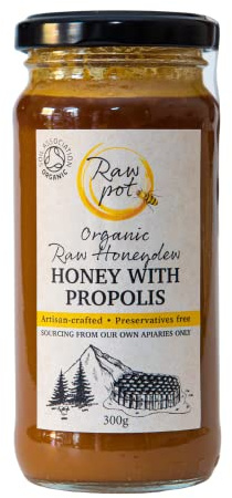 RAW POT Organic Raw Honeydew Honey with Propolis Extract, 300g | Raw pure unpasteurised honeydew honey rich in antioxidants for immunity, digestion & skin care, smooth & silky, glass jar