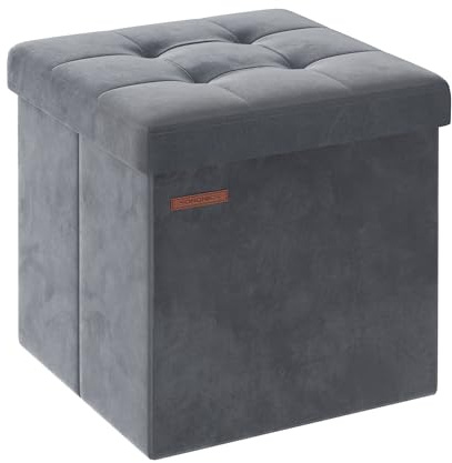 SONGMICS Storage Ottoman, Foldable Small Foot Rest, 38 x 38 x 38 cm | Foot Stool, Ottoman with Storage, Load up to 300 kg, for Living Room, Bedroom, Hallway, Grey and Black, Velvet LSF227G51