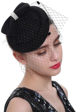 Fascinator mit Clip, 20er / 50er Jahre, Vintage-Stil, Derby-Schleier, Fascinator, für Cocktail, Teeparty, Kopfbedeckung, für Damen, Schwarz , Einheitsgröße