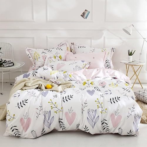 Housse de Couette 200x200cm Rose Feuilles Fleurs cœur Ado,Certifié Oeko-Tex