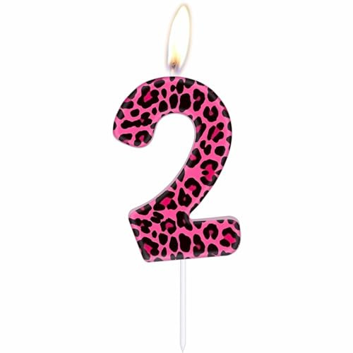 Rosa Leopard 2nd Geburtstagskerzen, rosa Gepard Nummer 2 Kerzen für Kuchen, Mädchen 2nd Geburtstag Dekor, Leoparden-Kuchendekorationen, Leoparden-Thema für Mädchen Frauen Gepard Geburtstag Party Dekor