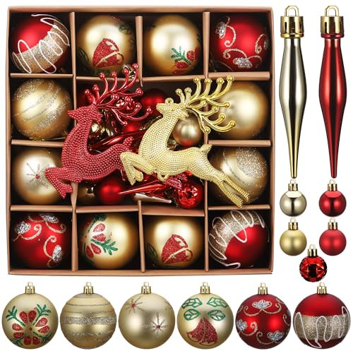 Kssvzz 40 Pcs Boule de Noel, Decoration Noel Sapin avec Lanière, Deco de Noel Mat et Brillant, Christmas Decorations avec l'élan - pour l'Intérieur et l'Extérieur, Anniversaires, Fêtes (Rouge et Or)