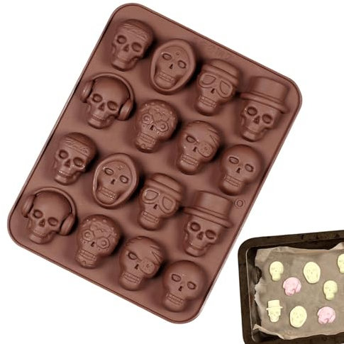 Halloween-Schädelform, Totenkopf-Schokoladenform – -Totenkopf-Kuchenform, Schokoladengummi-Formen | Totenkopf-Bonbonformen aus Gummi mit 16 Kavidade