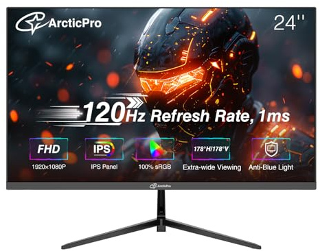 ArcticPro Monitor de 24 pulgadas 120Hz, monitor de computadora FHD, IPS, 1 ms, 1080p | 99% sRGB, sincronización adaptativa, sin marco de 3 lados, ultra delgado, montaje VESA, antiluz azul, puertos HDMI y VGA
