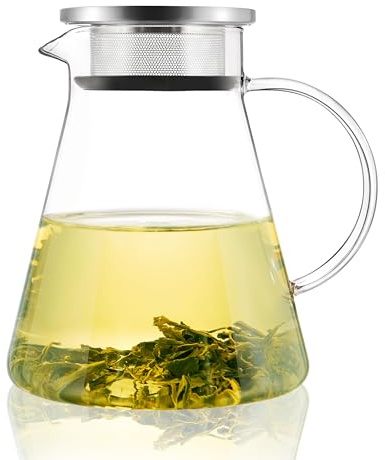 CNGLASS 1.2L Glass Teapot Stovetop Safe, Clear One-Touch Tea Kettle with Filter Lid, Blooming and Loose Leaf Tea Maker Set