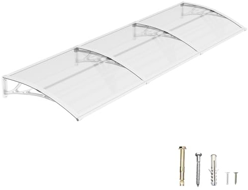 DAWNINGHOMM Auvent de Porte d’Entrée 100 × 300 cm, Marquise en Polycarbonate Transparent, Toit de Protection Résistant Contre la Pluie et Les Rayons UV, Gris pour Maison et Entrée