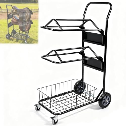 Noliven 2 Tier Rolling Saddle Rack Cart with Basket, 32.3 * 16.9 * 49.8 inch Wheeled Saddle Cart with Basket, Load 220 Lbs Capacity Heavy Duty Horse Trailer Organizer, for Moving, Organize Tack