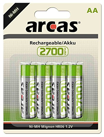 Arcas 17727406 - Akku Ni-MH Batterien AA / HR6, 4 Stück, Kapazität 2700 mAh, wiederaufladbar, leistungsstarke Einwegbatterien für elektronische Geräte zur optimalen Energieversorgung