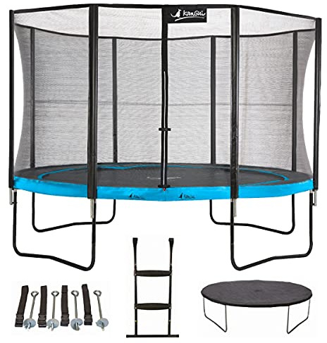 Kangui - Trampoline PUNCHI ATOLL + échelle + couverture de propreté et kit d'ancrage - Bleu et noir - Ø300cm - 360cm - 430cm
