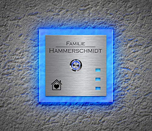 Beleuchtete Edelstahl Türklingeln mit Gravur und über 100 Motive | Gravierte Klingelplatte mit Led-Beleuchtung Größe: 12x12 cm Klingel-Taster Klingelschild Namen Modell: Hammerschmidt-L