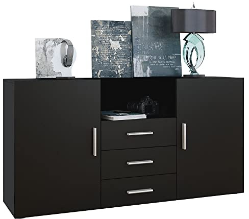 Vladon Sideboard Skadu, Kommode mit 2 Türen, 3 Schubladen und 1 offenem Fach, Schwarz matt/Schwarz matt (138,5 x 71,5 x 35 cm)