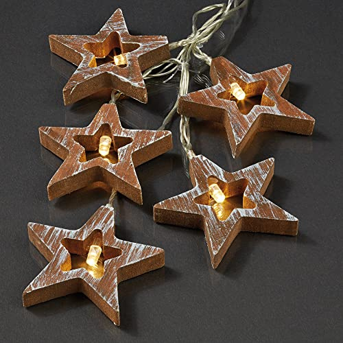 hellum LED Lichterkette Batterie Holzsterne (3xAAA), 10 LED warmweiß innen | Lichterkette innen klein mit Sternen aus Holz, beleuchtet 1,35m, Kabel transparent, für und Weihnachtsbaum und Fenster 521108