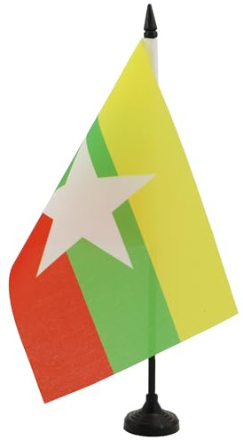 AZ FLAG Bandera de Mesa Birmania 21x14 cm Poliéster 100D Base Plástico | Uso interior Bandera de escritorio birmana acabado cosido y bordes reforzados con mástil de plástico y base de plástico