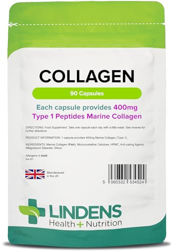 Lindens - Collagen 400mg - 90 Capsules - One-A-Day - UK Made - Marine Source Hydrolysed Collagen - Supports Bones, Cartilage, Ligaments, Tendons and Connective Tissues - Letterbox Friendly