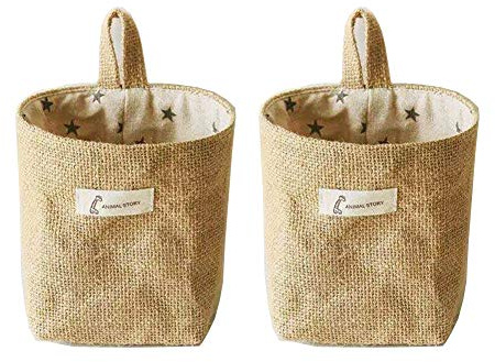 Monba 2PC Small Cotton Linen Peg Bag with Hanger - Durable Hanging Clothespin Bag Peg Basket for Pegs with Hanger