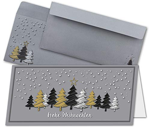 NEUSER PAPIER 15x Weihnachtskarten-Set DIN Lang in Grau mit Weihnachtsbäumen in Scratch-Optik - Faltkarten mit passenden Umschlägen DIN Lang - Weihnachtsgrüße für Firmen und Privat