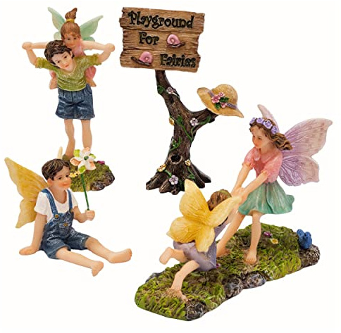 PRETMANNS Fairies for Fairy Garden Ornaments Outdoor, 4-Piece Set | Fairy Figurine Figures & Sign, Indoor Outdoor Accessories Kit for Miniature Garden, Colorful