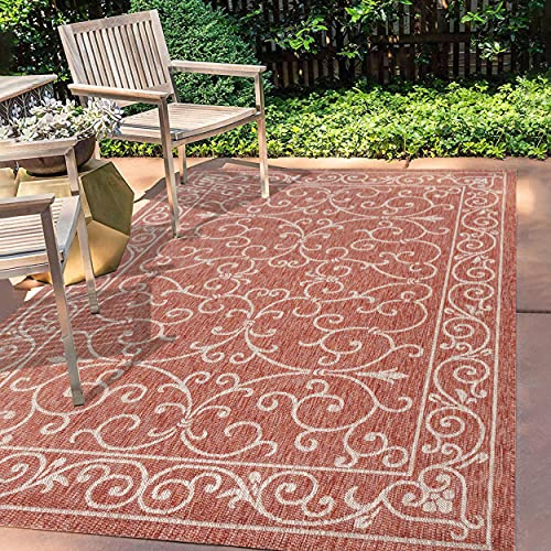 JONATHAN Y SMB106B-5 Charleston Vintage Filigrangewebe Teppich für drinnen und draußen, leicht zu reinigen, Schlafzimmer, Küche, Garten, Terrasse, Nicht fusselnd, 150 cm x 240 cm, Rot/Beige