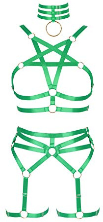 BBOHSS Femmes corps harnais pentagramme soutien-gorge ensemble Punk jarretière jambe taille danse élastique gothique carnaval accessoires (Fruits verts)