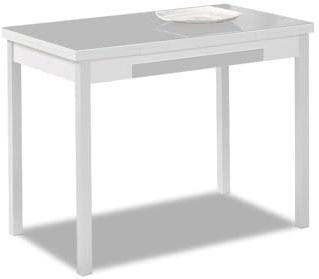 Astimesa - Mesa de Cocina Extensible con Tapa de Cristal, con 2 Alas y Cajón - Estructura de Metal Blanco - Color: Gris - Mesa Cerrada: 100 cm x 60 cm. Mesa extendida: 150 x 60 cm