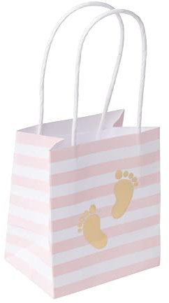 Miss Lovely Papier-Taschen Mini Geschenk-Tüten Baby FÜSSCHEN rosa weiß gestreift & Gold Deko Baby-Party Baby Shower Gender Reveal Taufe Geburt Mädchen Verpackung Gastgeschenke 6 Taschen
