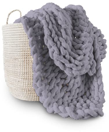 Adyrescia Grobstrick-Decke, Überwurf, 100% handgestrickt mit Jumbo-Chenille-Garn (76,2 x 101,6 cm, Fliedergrau)