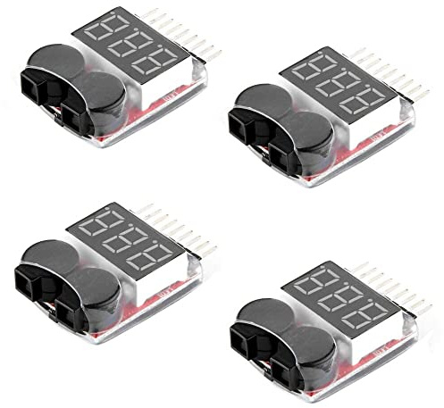 Fasizi 4PCS RC Lipo Battery Monitor Alarm Tester Checker Low Voltage Buzzer Alarm with LED Indicator for 1-8 S Lipo LiFe LiMn Li-ion Battery