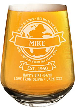 Bicchiere da birra artigianale personalizzato in vetro per birra fa girare il mondo messaggio qualsiasi nome sidro 2/3 pinta personalizzato compleanno papà nonno festa del papà