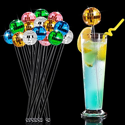 Disco Balls Cocktail Stirrer Swizzle Sticks, Multicolored, 15pcs | Round Top Muticolored Mirror Disco Ball Coffee Beverage Drink Mixing Stirrers for 1970s Disco Party Home Bar Shop Use