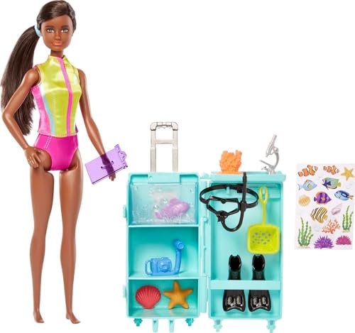 Barbie Dolls & Accessories, Marine Biologist Doll (Brunette) & Mobile Lab Playset with 10+ Pieces, Case Opens for Storage & Travel