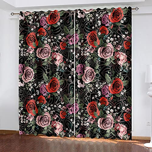 MTBDyyds Verdunkelungsvorhänge 3D Drucken 150X166Cm Bunt Blumen Rosen Verdunklungsvorhänge Kinderzimmer 2 Stück Vorhang Blickdicht Ösenschal Kindergardinen Junge Verdunklungsgardine