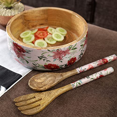 A VINTAGE AFFAIR- HOME DECOR Wooden Decorative Vintage Floaral Wooden Salad Bowls with Servers Set for Home Office Special Occasion Gift and Birthday - Pink
