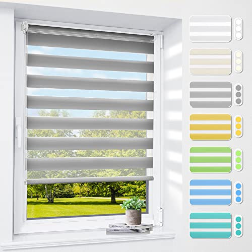 Doppelrollo klemmfix ohne Bohren & mit Bohren, 55x80cm (BxH) Grau, 3-in-1 Duo Rollo für Fenster & Tür, Fensterrollo innen lichtdurchlässig & verdunkelnd, Klemmrollo Rollos Sonnenschutz