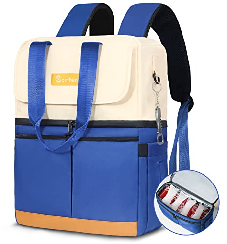 Scothen Cooler Backpack with Double Decker & 12 Ice Packs- Keeps 36 Cans Cold for Up to 24 Hours- Waterproof & Leak Proof Insulated Backpack Cooler - Stylish Cooler Bookbag for Women Travel Work Beach