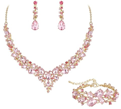 EVER FAITH Gioielli da Sposa per Donna, Collana di Cristallo Goccia austriaca, Orecchini Pendenti e Bracciale con Link Rosa Oro Fondo