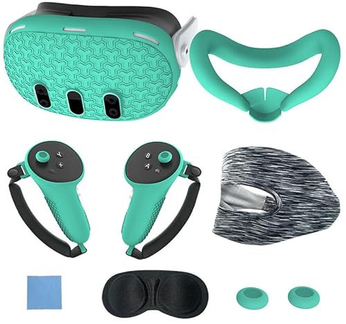 BeisDirect 7-Piece Set for Meta Quest 3 Accessories, Quest 3 VR Silicone face Cover, VR Shell Cover, Quest 3 Touch Controller Grip Cover, Protective Lens Cover, Disposable Eye Cover (Green)