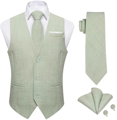 DiBanGu Herren-Anzugweste, Leinen, einfarbig, Weste für Herren, Hochzeit, Freizeit, Krawatte, Einstecktuch, Manschettenknöpfe, Größe S-3XL, 4 Stück, Salbeigrün, X-Large
