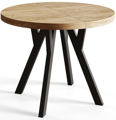 AlpiMeble Tavolo da Pranzo Allungabile, 90 cm, Craft, Collezione Ovo | Tavolo Rotondo Allungabile Ovo, Tavolo Sala da Pranzo Allungabile, Piano in laminato da 36 mm, Gambe Solide di Colore Nero