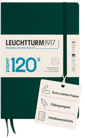 LEUCHTTURM1917 370342 Notizbuch Medium (A5) 120 g/m² Paper Edition, Hardcover, 203 nummerierte Seiten, Forest Green, liniert | EDITION 120, 120 g/m² Papier, 203 nummerierte Seiten, 2 Lesezeichen, Fadenheftung