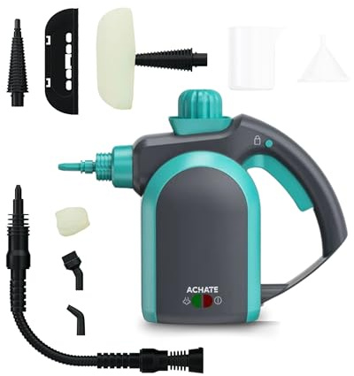 Achaté Dampfreiniger Handgerät - Steam Cleaner mit 12 Zubehör - Dampfreiniger für alles Boden, Küche, Bad, Toilette, Fenster und Spiegel - Handdampfreiniger mit 3 Bar Dampfdruck 1000W