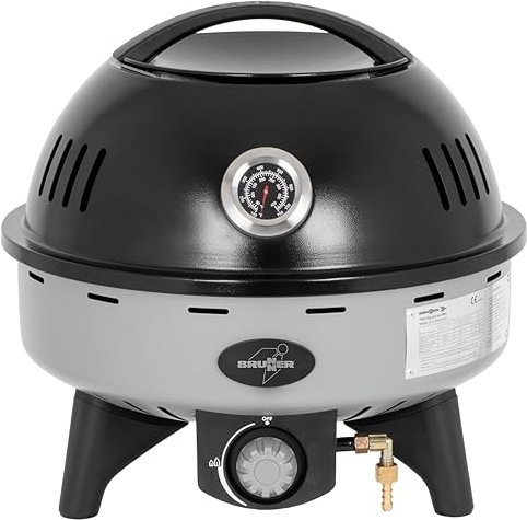 BRUNNER Grill Portatile Gas BBQRUISER LT 30mbar, Coperchio con Termometro - Accensione Piezoelettrica - Piastra Reversibile Ideale per BBQ, Carne, Pesce e Verdure