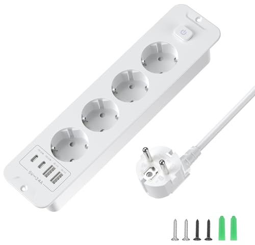 4 Fach Einbausteckdose mit USB-C PD 20W | 2M Einbausteckdosenleiste mit Schaltbar | Versenkbare Steckdose Für Tischplatten & Konferenztische | 16A 250V 4000W MAX, 3x1.5mm² | Weiß