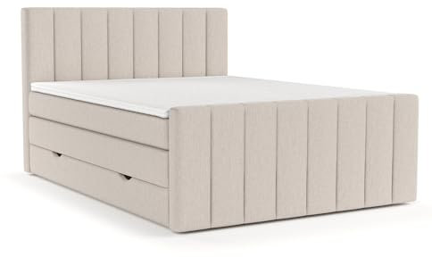 maison de reve - Boxspringbett 160 x 200 cm, mit Taschenfederkernmatratze (Härtegrad H3 und Höhe 37 cm), Polsterbett mit Bettkasten, PU-Topper und Kopfteil - Boxspringbett - Beige, Ruby Serie