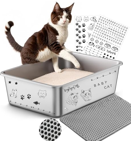 Edelstahl Katzenklo, 50×35×20cm Große XXL Katzentoilette aus Edelstahl | ,Katzenklo Geruchsfrei für Großes Häschen und große Katze, leicht zu reinigen, Anti-Rutsch Gummiboden